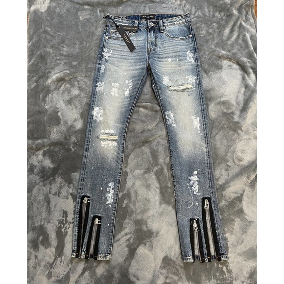 NWT Cult Of Individuality Men's Slim Paint Splatter Zipper Denim Jeans 30 x 33